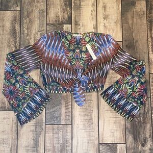 Mustard Seed Multicolor Floral and Stripe Tie Front Blouse 🆕